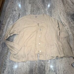 Flax Women's Large Linen Tan Button Down Long Sleeve